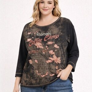 Susan Lawrence Women Black 3/4 Sleeve Couture Graphic Cotton T-shirt Sz 1X